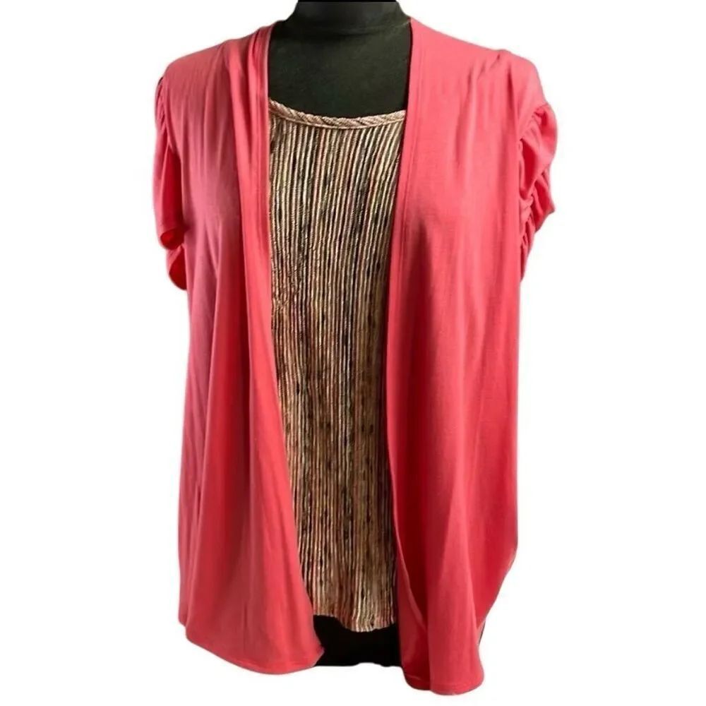 CORAL BAY Women’s Striped Blouse Cardigan Ruched Short Sleeves Size Medium
